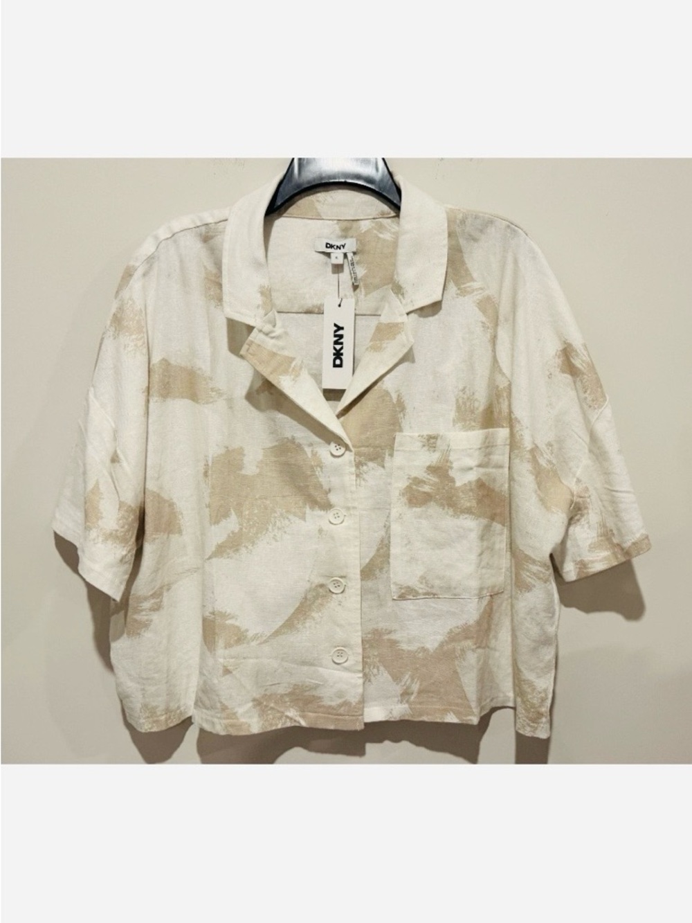 DKNY Beige and Off-White Short Sleeve Button-Up
